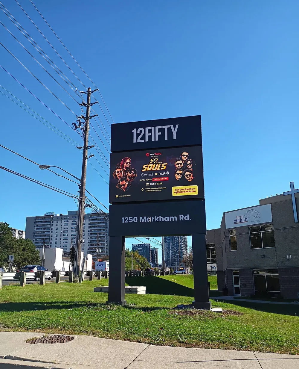 Digital billboard for 50 Years of Souls on the 12Fifty sign at 1250 Markham Road, Toronto